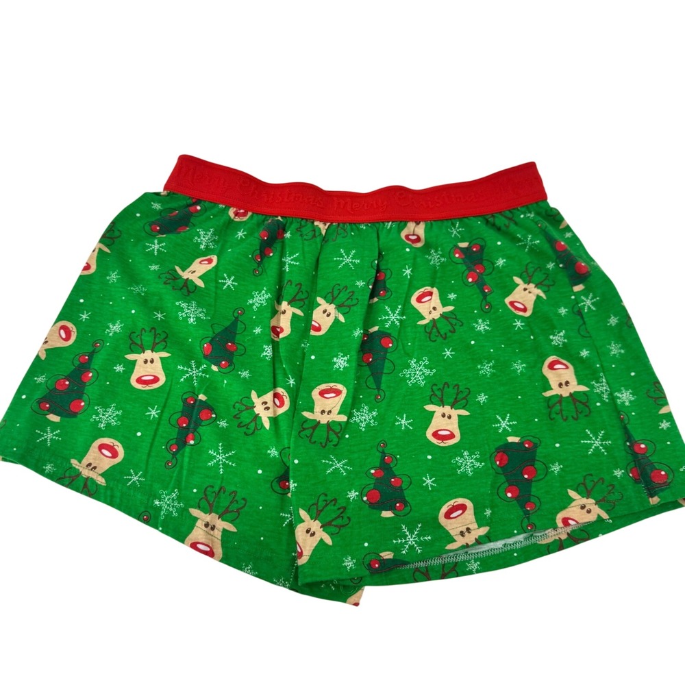 Mens Green Christmas Reindeer Tree Pajama Sleep Lounge Shorts Adult Holiday